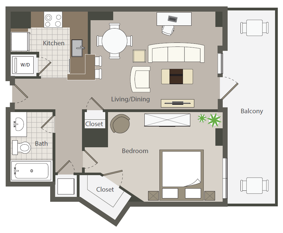 Floor plan for 1 bed, 1 bath, 620 sqft